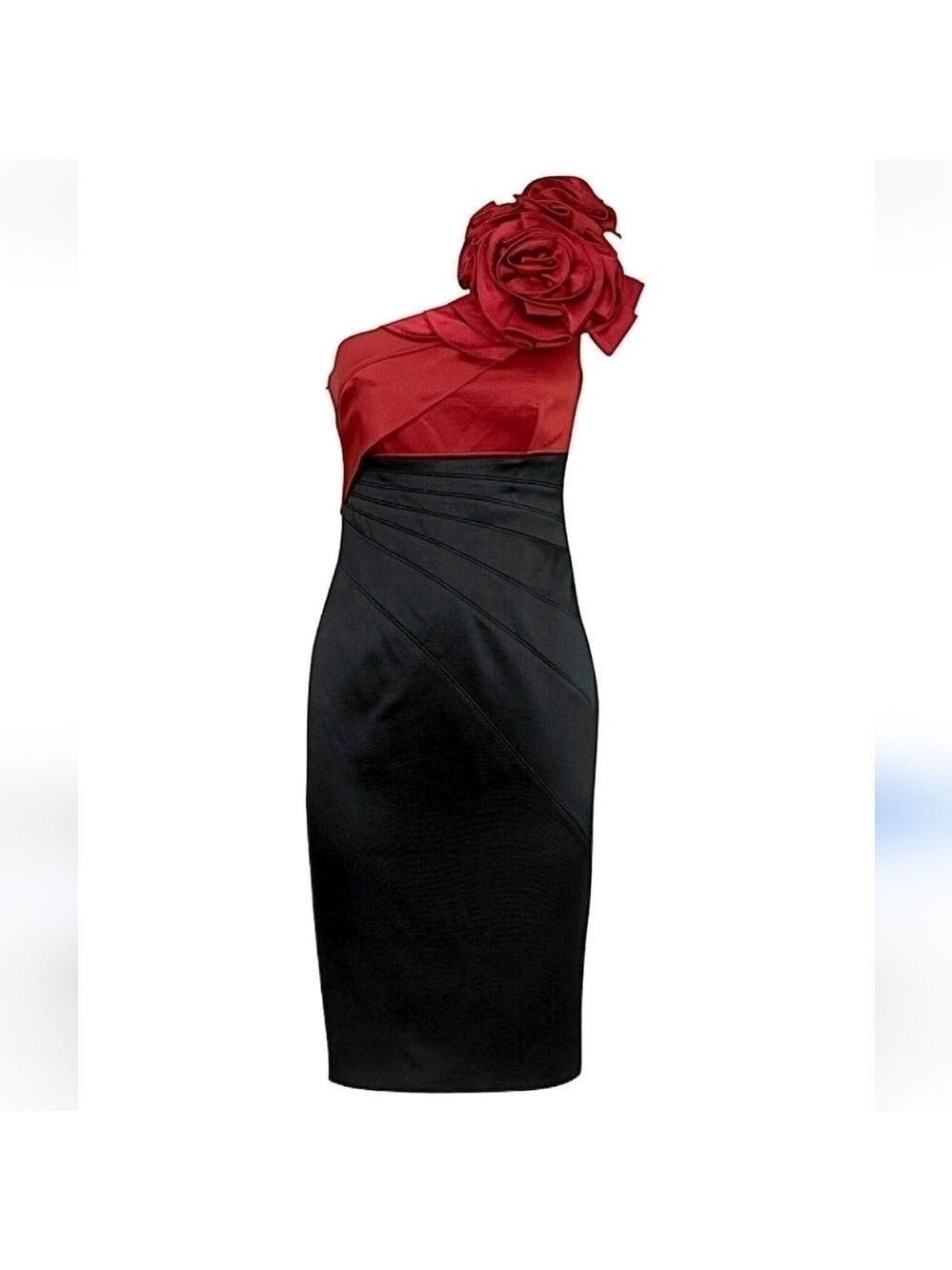 NWT KAREN MILLEN |Black Red Rose Corsage One Shoulder Cocktail Pencil Dress sz 4